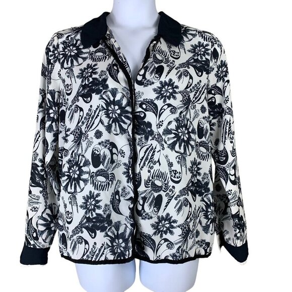 Modcloth Size Large Blouse Button Front Semi Sheer Black White Floral Print Top - Picture 1 of 5